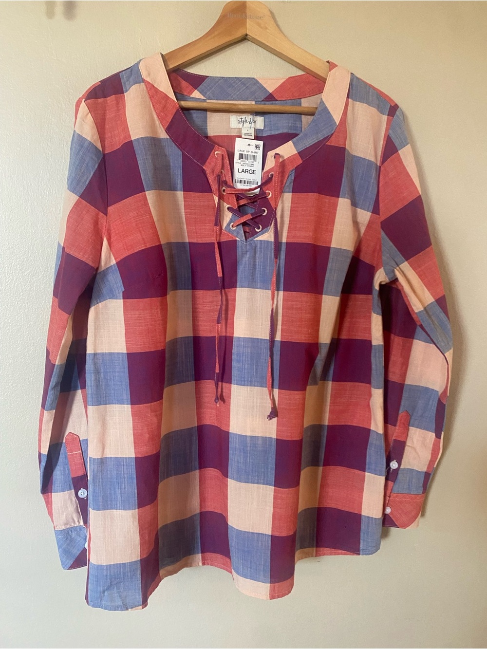 Style & Co. Plaid Lace-Up Top - Picture 4 of 5